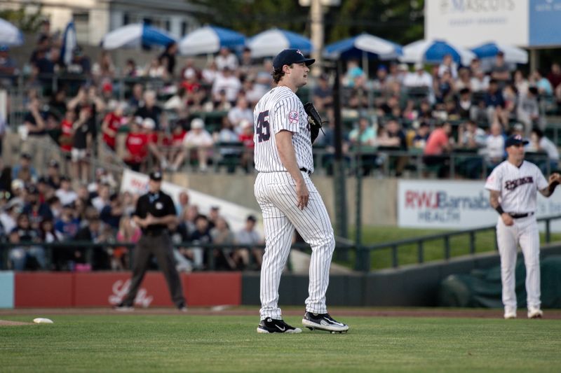 Jun 4, 2024; Bridgewater, NJ, USA; New York Yankees pitcher Gerrit Cole reacts after a strikeout in the 4th inning during a MLB rehab assignment with the Somerset Patriots against the Hartford Yard Goats at TD Bank Ballpark. Mandatory Credit: John Jones-USA TODAY Sports