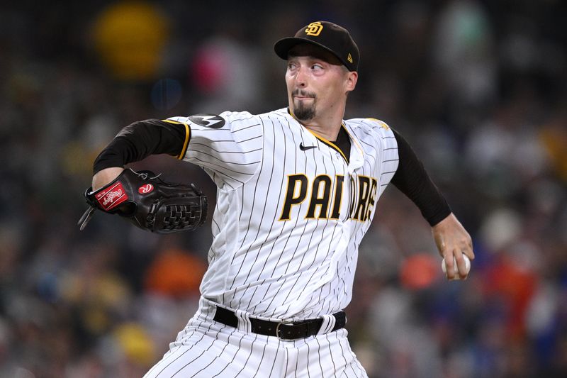 Jul 8, 2023; San Diego, California, USA; San Diego Padres starting pitcher Blake Snell (4) throws a pitch against the New York Mets during the sixth inning at Petco Park. Mandatory Credit: Orlando Ramirez-USA TODAY Sports