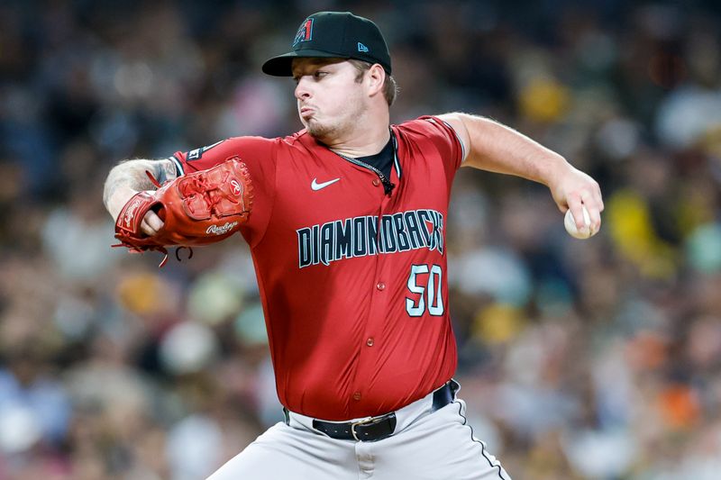 Sep 26, 2025; San Diego, California, USA; Arizona Diamondbacks relief pitcher Philip Abner (50) throws a pitch during the fifth inning against the San Diego Padres at Petco Park. Mandatory Credit: David Frerker-Imagn Images