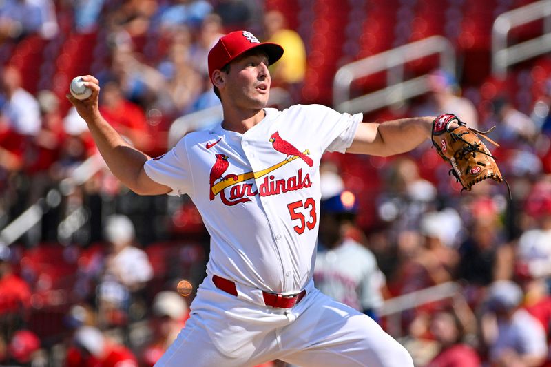 Aug 5, 2024; St. Louis, Missouri, USA;  St. Louis Cardinals starting pitcher Andre Pallante (53) pitches against the New York Mets during the first inning at Busch Stadium. Mandatory Credit: Jeff Curry-USA TODAY Sports