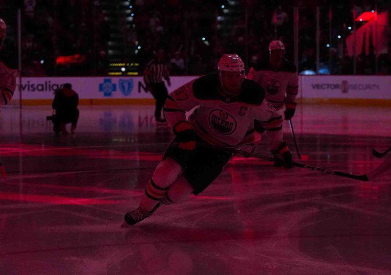 Nov 22, 2023; Raleigh, North Carolina, USA; Edmonton Oilers center Connor McDavid (97) skates before the start of the game against the Carolina Hurricanes at PNC Arena. Mandatory Credit: James Guillory-USA TODAY Sports