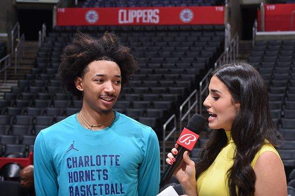 LOS ANGELES, CA - DECEMBER 26:  Nick Smith Jr. #8 of the Charlotte Hornets talks to the media before the game on December 26, 2023 at Crypto.Com Arena in Los Angeles, California. NOTE TO USER: User expressly acknowledges and agrees that, by downloading and/or using this Photograph, user is consenting to the terms and conditions of the Getty Images License Agreement. Mandatory Copyright Notice: Copyright 2023 NBAE (Photo by Juan Ocampo/NBAE via Getty Images)