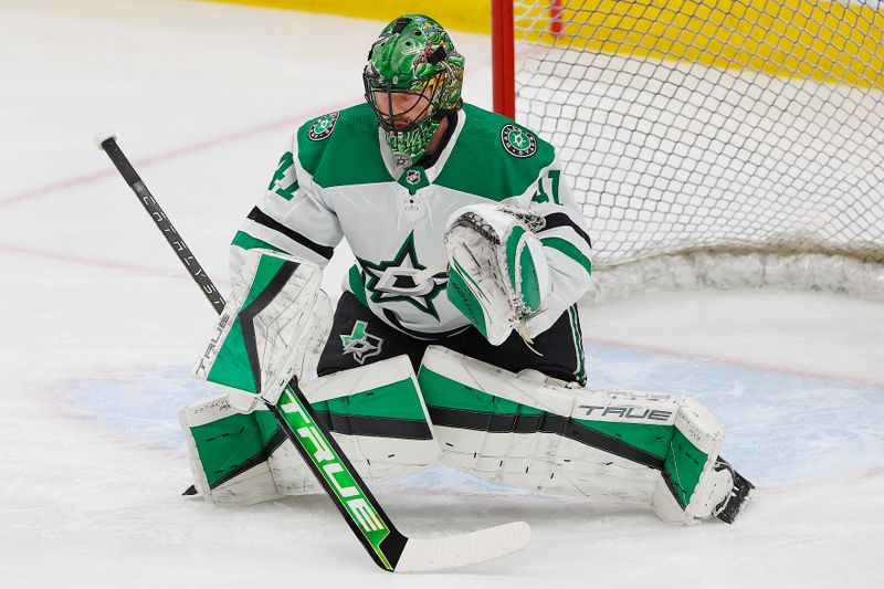 Nov 2, 2023; Edmonton, Alberta, CAN; Dallas Stars goaltender Scott Wedgewood (41) makes a save during warmup against the Edmonton Oilers at Rogers Place. Mandatory Credit: Perry Nelson-USA TODAY Sports