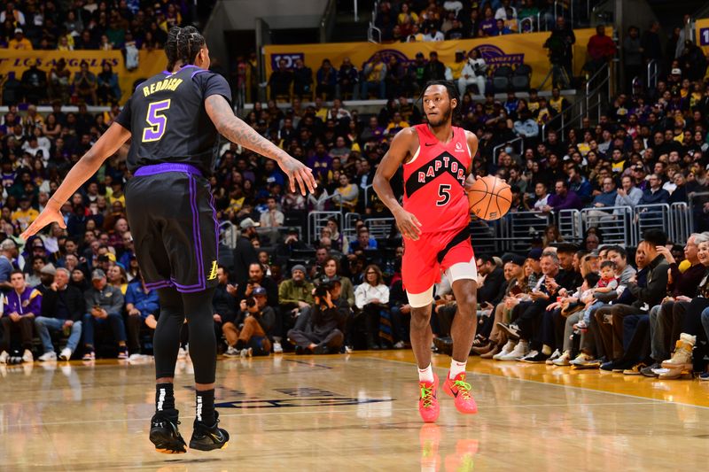 LOS ANGELES, CA - JANUARY 9: Precious Achiuwa #5 of the Toronto Raptors dribbles the ball during the game against the Los Angeles Lakers on January 9, 2024 at Crypto.Com Arena in Los Angeles, California. NOTE TO USER: User expressly acknowledges and agrees that, by downloading and/or using this Photograph, user is consenting to the terms and conditions of the Getty Images License Agreement. Mandatory Copyright Notice: Copyright 2024 NBAE (Photo by Adam Pantozzi/NBAE via Getty Images)