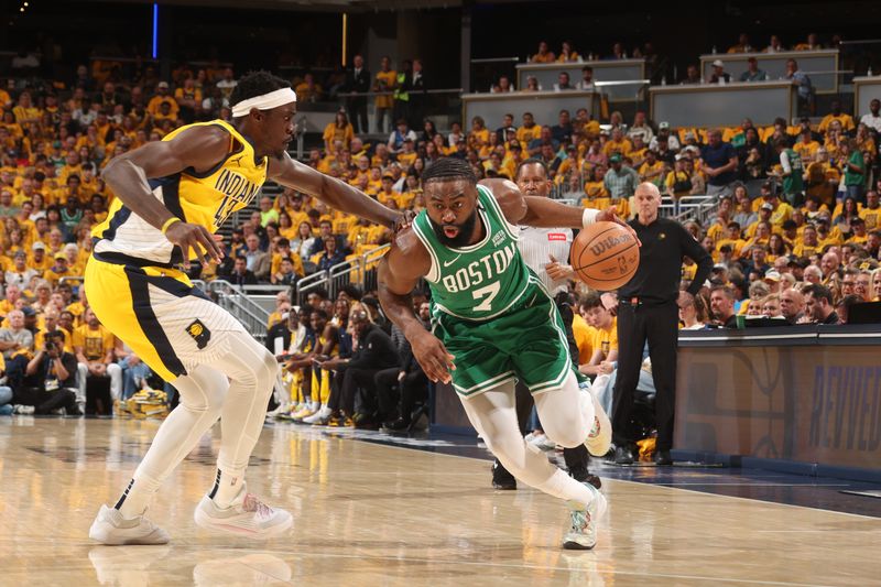 INDIANAPOLIS, IN - MAY 27: Jaylen Brown #7 of the Boston Celtics dribbles the ball during the game against the Indiana Pacers during Game 4 of the Eastern Conference Finals of the 2024 NBA Playoffs on May 27, 2024 at Gainbridge Fieldhouse in Indianapolis, Indiana. NOTE TO USER: User expressly acknowledges and agrees that, by downloading and or using this Photograph, user is consenting to the terms and conditions of the Getty Images License Agreement. Mandatory Copyright Notice: Copyright 2024 NBAE (Photo by Nathaniel S. Butler/NBAE via Getty Images)