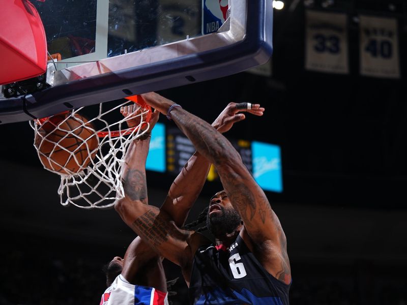 DENVER, CO - JANUARY 7: DeAndre Jordan #6 of the Denver Nuggets dunks the ball during the game against the Detroit Pistons on January 7, 2024 at the Ball Arena in Denver, Colorado. NOTE TO USER: User expressly acknowledges and agrees that, by downloading and/or using this Photograph, user is consenting to the terms and conditions of the Getty Images License Agreement. Mandatory Copyright Notice: Copyright 2024 NBAE (Photo by Garrett Ellwood/NBAE via Getty Images)