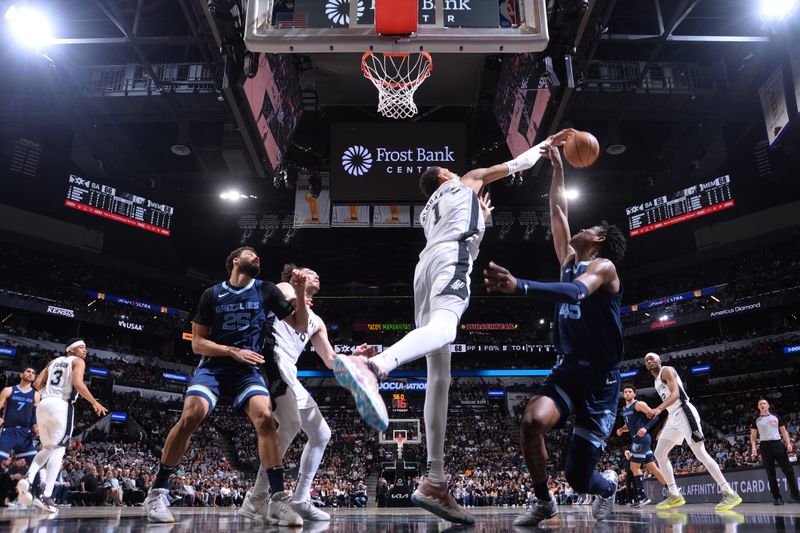SAN ANTONIO, TX - MARCH 22  Victor Wembanyama #1 of the San Antonio Spurs blocks the shot of GG Jackson #45 of the Memphis Grizzlies on March 22, 2024 at the Frost Bank Center in San Antonio, Texas. NOTE TO USER: User expressly acknowledges and agrees that, by downloading and or using this photograph, user is consenting to the terms and conditions of the Getty Images License Agreement. Mandatory Copyright Notice: Copyright 2024 NBAE (Photos by Michael Gonzales/NBAE via Getty Images)