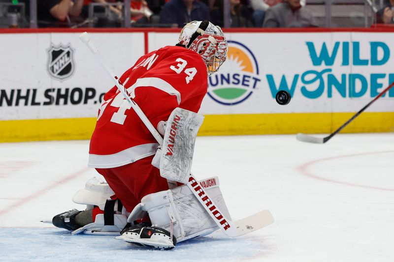 Apr 7, 2024; Detroit, Michigan, USA; Detroit Red Wings goaltender Alex Lyon (34) makes a save in the first period against the Buffalo Sabres at Little Caesars Arena. Mandatory Credit: Rick Osentoski-USA TODAY Sports