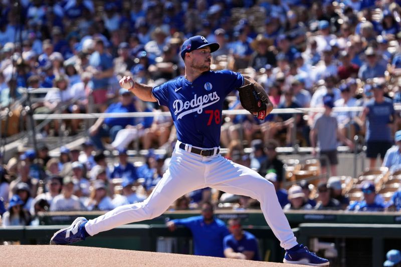 Mar 9, 2024; Phoenix, Arizona, USA; Los Angeles Dodgers starting pitcher Michael Grove (78) pitches against the Texas Rangers during the first inning at Camelback Ranch-Glendale. Mandatory Credit: Joe Camporeale-USA TODAY Sports