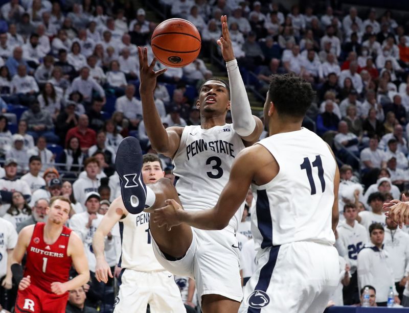 Feb 26, 2023; University Park, Pennsylvania, USA; Penn State Nittany Lions forward Kebba Njie (3) reaches for the rebound during the second half against the Rutgers Scarlet Knights at Bryce Jordan Center. Rutgers defeated Penn State 59-56. Mandatory Credit: Matthew OHaren-USA TODAY Sports