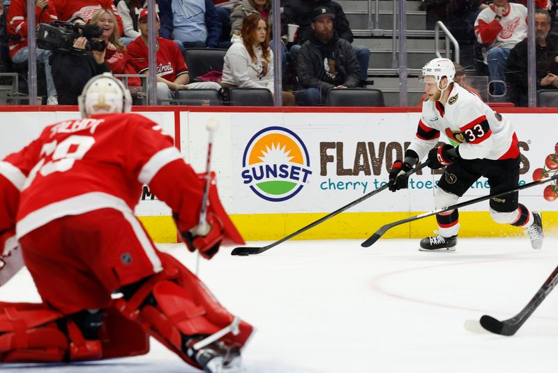 Jan 7, 2025; Detroit, Michigan, USA; Ottawa Senators defenseman Nikolas Matinpalo (33) skates with the puck in the third period against the Detroit Red Wings at Little Caesars Arena. Mandatory Credit: Rick Osentoski-Imagn Images