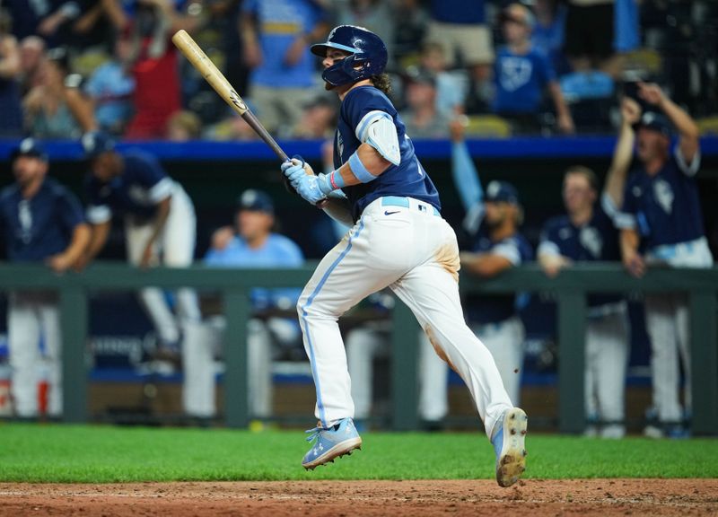 Jul 28, 2023; Kansas City, Missouri, USA; Kansas City Royals shortstop Bobby Witt Jr. (7) rounds the bases after hitting a walk-off grand slam against the Minnesota Twins during the tenth inning at Kauffman Stadium. Mandatory Credit: Jay Biggerstaff-USA TODAY Sports