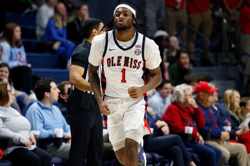 Jan 14, 2023; Oxford, Mississippi, USA; Mississippi Rebels guard Amaree Abram (1) reacts during the first half against the Georgia Bulldogs at The Sandy and John Black Pavilion at Ole Miss. Mandatory Credit: Petre Thomas-USA TODAY Sports