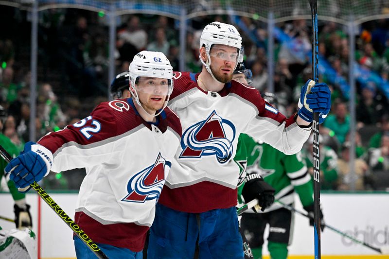 May 9, 2024; Dallas, Texas, USA; Colorado Avalanche left wing Artturi Lehkonen (62) and right wing Valeri Nichushkin (13) celebrates a goal scored by Nichushkin against the Dallas Stars during the third period in game two of the second round of the 2024 Stanley Cup Playoffs at American Airlines Center. Mandatory Credit: Jerome Miron-USA TODAY Sports