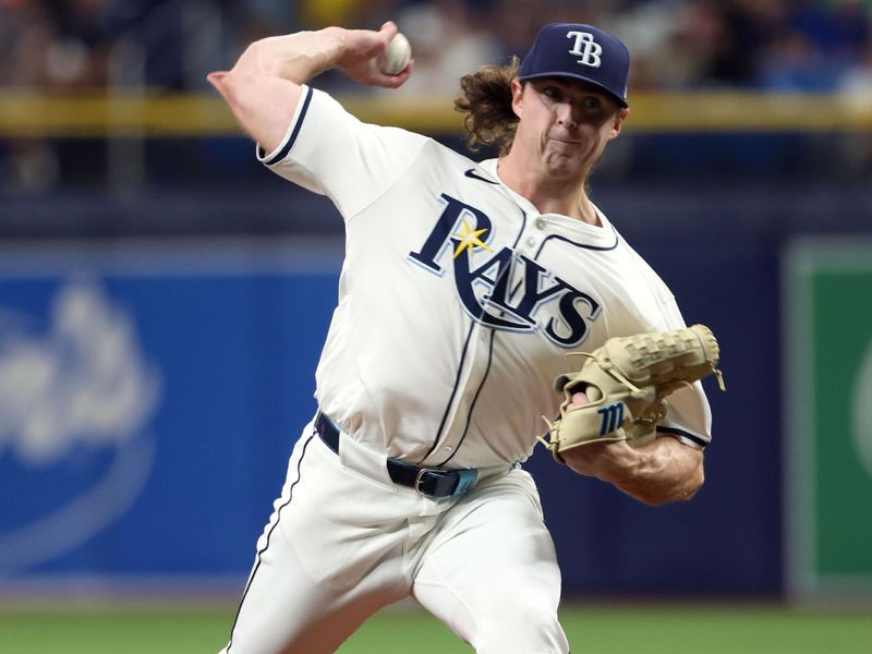 Jul 9, 2024; St. Petersburg, Florida, USA;  Tampa Bay Rays pitcher Ryan Pepiot (44) throws a pitch against the New York Yankees during the second inning at Tropicana Field. Mandatory Credit: Kim Klement Neitzel-USA TODAY Sports