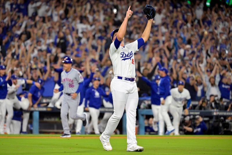 Oct 20, 2024; Los Angeles, California, USA; Los Angeles Dodgers pitcher Blake Treinen (49) celebrates defeating the New York Mets in game six of the NLCS for the 2024 MLB playoffs at Dodger Stadium. Mandatory Credit: Jayne Kamin-Oncea-Imagn Images