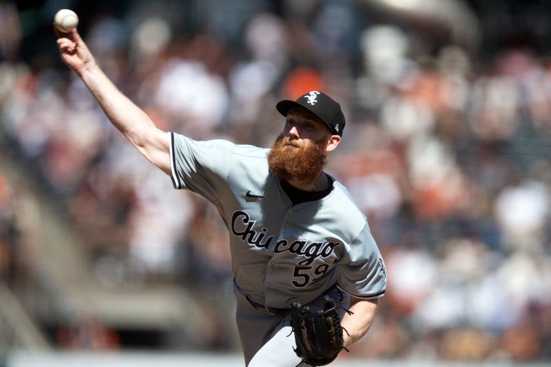 Aug 21, 2024; San Francisco, California, USA; Chicago White Sox pitcher John Brebbia (59) delivers a pitch against the San Francisco Giants during the ninth inning at Oracle Park. Mandatory Credit: D. Ross Cameron-USA TODAY Sports