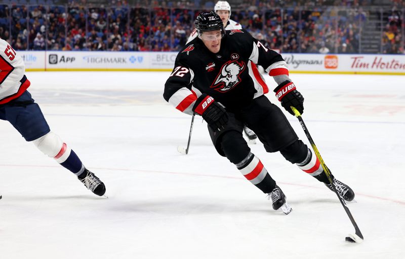 Apr 2, 2024; Buffalo, New York, USA;  Buffalo Sabres right wing Tage Thompson (72) skates with the puck during the second period against the Washington Capitals at KeyBank Center. Mandatory Credit: Timothy T. Ludwig-USA TODAY Sports