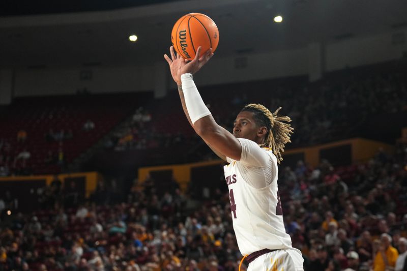 Feb 24, 2024; Tempe, Arizona, USA; Arizona State Sun Devils guard Adam Miller (44) shoots against the Washington State Cougars during the second half at Desert Financial Arena. Mandatory Credit: Joe Camporeale-USA TODAY Sports