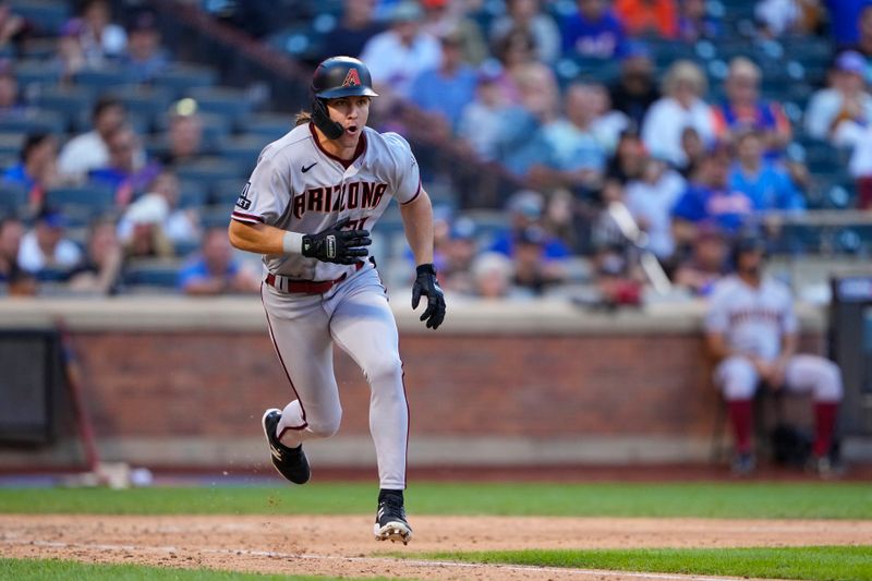 Sep 14, 2023; New York City, New York, USA; Arizona Diamondbacks center fielder Jake McCarthy (31) runs out an RBI double against the New York Mets during the eighth inning at Citi Field. Mandatory Credit: Gregory Fisher-USA TODAY Sports