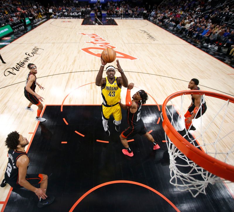 DETROIT, MI - MARCH 20: Pascal Siakam #43 of the Indiana Pacers drives to the basket during the game against the Detroit Pistons on March 20, 2024 at Little Caesars Arena in Detroit, Michigan. NOTE TO USER: User expressly acknowledges and agrees that, by downloading and/or using this photograph, User is consenting to the terms and conditions of the Getty Images License Agreement. Mandatory Copyright Notice: Copyright 2024 NBAE (Photo by Brian Sevald/NBAE via Getty Images)