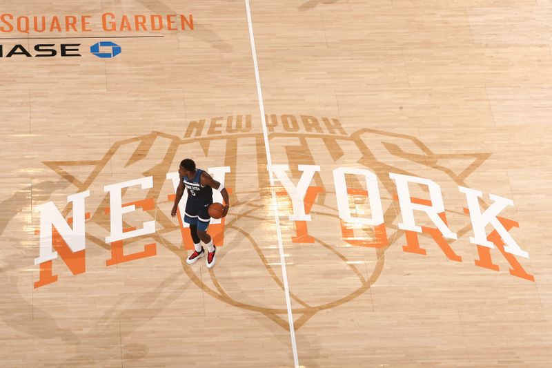 NEW YORK, NY - JANUARY 17: Anthony Edwards #5 of the Minnesota Timberwolves dribbles the ball during the game against the New York Knicks on January 17, 2025 at Madison Square Garden in New York City, New York.  NOTE TO USER: User expressly acknowledges and agrees that, by downloading and or using this photograph, User is consenting to the terms and conditions of the Getty Images License Agreement. Mandatory Copyright Notice: Copyright 2025 NBAE  (Photo by Nathaniel S. Butler/NBAE via Getty Images)