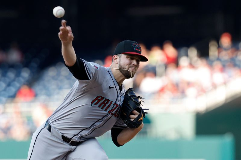 Jun 18, 2024; Washington, District of Columbia, USA; Arizona Diamondbacks starting pitcher Slade Cecconi (43) pitches /Wednesday/ during the first inning at Nationals Park. Mandatory Credit: Geoff Burke-USA TODAY Sports