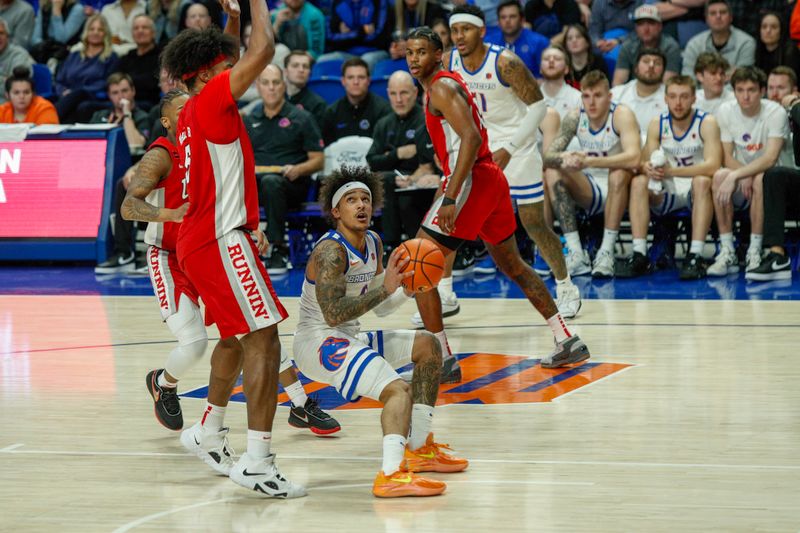 Jan 16, 2024; Boise, Idaho, USA; Boise State Broncos guard Roddie Anderson III (0) during the second half against the UNLV Rebels at ExtraMile Arena. UNLV beats Boise State 68-64Mandatory Credit: Brian Losness-USA TODAY Sports

