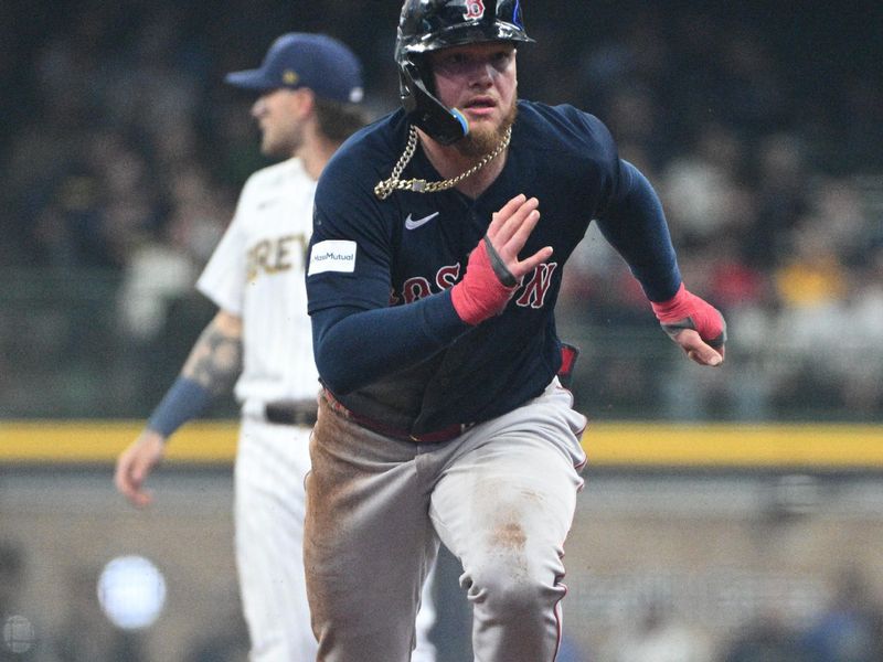 Apr 23, 2023; Milwaukee, Wisconsin, USA; Boston Red Sox right fielder Alex Verdugo (99) runs the bases against the Milwaukee Brewers during the first inning at American Family Field. Mandatory Credit: Michael McLoone-USA TODAY Sports