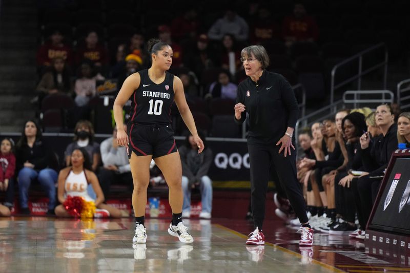 Jan 15, 2023; Los Angeles, California, USA; Stanford Cardinal coach Tara VanDerveer talks with guard Talana Lepolo (10) in the first half against the Southern California Trojans at Galen Center.  USC defeated Stanford 55-46. Mandatory Credit: Kirby Lee-USA TODAY Sports