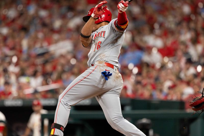 Sep 30, 2023; St. Louis, Missouri, USA; Cincinnati Reds shortstop Noelvi Marte (16) hits a RBI double against the St. Louis Cardinals in the fifth inning at Busch Stadium. Mandatory Credit: Zach Dalin-USA TODAY Sports