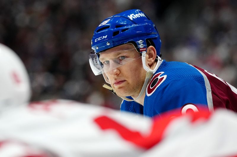 Mar 6, 2024; Denver, Colorado, USA; Colorado Avalanche center Nathan MacKinnon (29) during the second period against the Detroit Red Wings at Ball Arena. Mandatory Credit: Ron Chenoy-USA TODAY Sports