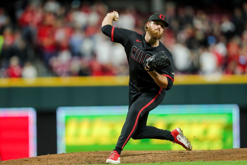 Apr 19, 2024; Cincinnati, Ohio, USA; Cincinnati Reds relief pitcher Buck Farmer (46) pitches against the Los Angeles Angels in the ninth inning at Great American Ball Park. Mandatory Credit: Katie Stratman-USA TODAY Sports