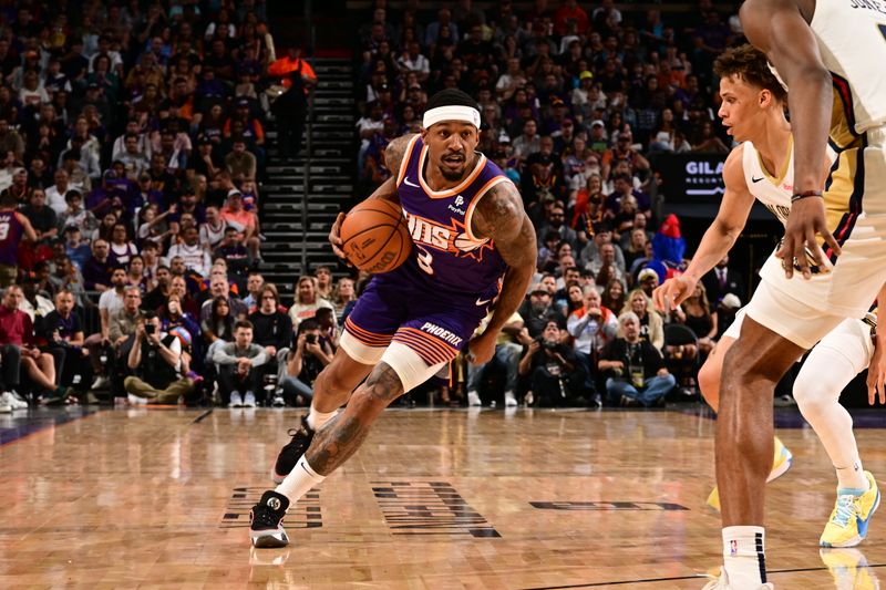 PHOENIX, AZ - APRIL 7: Bradley Beal #3 of the Phoenix Suns handles the ball during the game against the New Orleans Pelicans on April 7, 2024 at Footprint Center in Phoenix, Arizona. NOTE TO USER: User expressly acknowledges and agrees that, by downloading and or using this photograph, user is consenting to the terms and conditions of the Getty Images License Agreement. Mandatory Copyright Notice: Copyright 2024 NBAE (Photo by Kate Frese/NBAE via Getty Images)