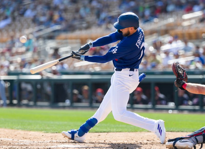 Feb 24, 2026; Phoenix, Arizona, USA; Los Angeles Dodgers infielder Alex Freeland against the Cleveland Guardians during a spring training game at Camelback Ranch-Glendale. Mandatory Credit: Mark J. Rebilas-Imagn Images