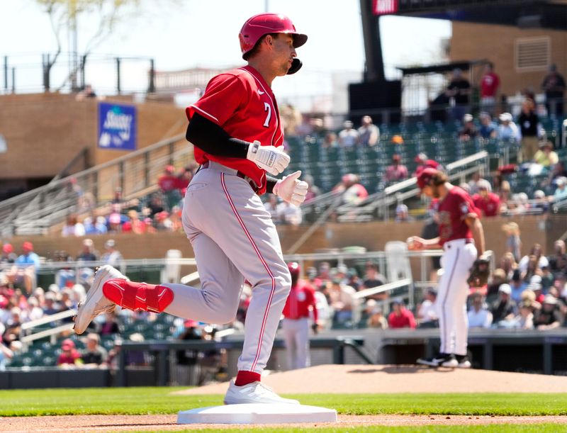 Mar 24, 2023; Scottsdale, AZ, USA; Cincinnati Reds Spencer Steer (7) rounds third base after hitting a solo home run off of Arizona Diamondbacks starting pitcher Zac Gallen (23) in the first inning during a spring training game at Salt River Fields. Mandatory Credit: Rob Schumacher-Arizona Republic via USA TODAY Sports