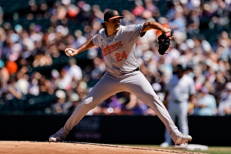 Sep 1, 2024; Denver, Colorado, USA; Baltimore Orioles starting pitcher Zach Eflin (24) pitches in the first inning against the Colorado Rockies at Coors Field. Mandatory Credit: Isaiah J. Downing-USA TODAY Sports