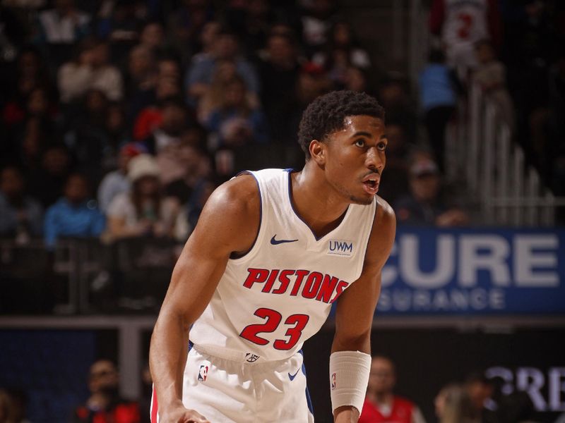 DETROIT, MI - MARCH 7: Jaden Ivey #23 of the Detroit Pistons looks on during the game against the Brooklyn Nets on March 7, 2024 at Little Caesars Arena in Detroit, Michigan. NOTE TO USER: User expressly acknowledges and agrees that, by downloading and/or using this photograph, User is consenting to the terms and conditions of the Getty Images License Agreement. Mandatory Copyright Notice: Copyright 2024 NBAE (Photo by Brian Sevald/NBAE via Getty Images)