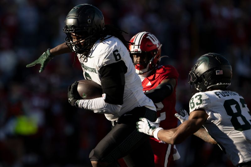 Nov 18, 2023; Bloomington, Indiana, USA; Michigan State Spartans tight end Maliq Carr (6) runs toward the end zone during the second half against the Indiana Hoosiers at Memorial Stadium. Mandatory Credit: Marc Lebryk-USA TODAY Sports