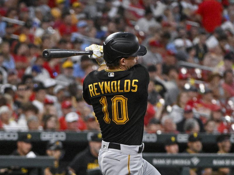 Sep 2, 2023; St. Louis, Missouri, USA;  Pittsburgh Pirates left fielder Bryan Reynolds (10) hits a one run single against the St. Louis Cardinals during the fifth inning at Busch Stadium. Mandatory Credit: Jeff Curry-USA TODAY Sports