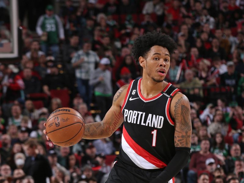 PORTLAND, OR - MARCH 17: Anfernee Simons #1 of the Portland Trail Blazers dribbles the ball during the game against the Boston Celtics on March 17, 2023 at the Moda Center Arena in Portland, Oregon. NOTE TO USER: User expressly acknowledges and agrees that, by downloading and or using this photograph, user is consenting to the terms and conditions of the Getty Images License Agreement. Mandatory Copyright Notice: Copyright 2023 NBAE (Photo by Cameron Browne/NBAE via Getty Images)