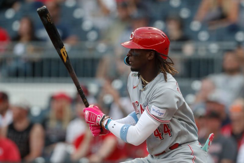 Aug 13, 2023; Pittsburgh, PA, USA; Cincinnati Reds shortstop Elly De La Cruz (44) hits a single against the Pittsburgh Pirates during the first inning at PNC Park. Mandatory Credit: Charles LeClaire-USA TODAY Sports