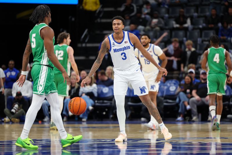 Memphis Tigers forward Ashton Hardaway (3) guards North Texas Mean Green guard David Terrell Jr. (5) during the first half Dec 31, 2025; Memphis, Tennessee, USA; at FedExForum. Mandatory Credit: Wesley Hale-Imagn Images