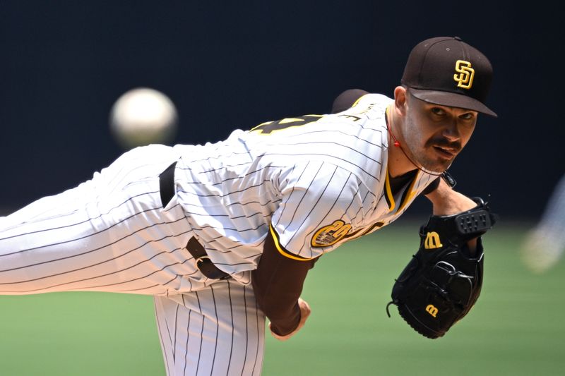 Jun 26, 2024; San Diego, California, USA; San Diego Padres starting pitcher Dylan Cease (84) pitches against the Washington Nationals during the first inning at Petco Park. Mandatory Credit: Orlando Ramirez-USA TODAY Sports