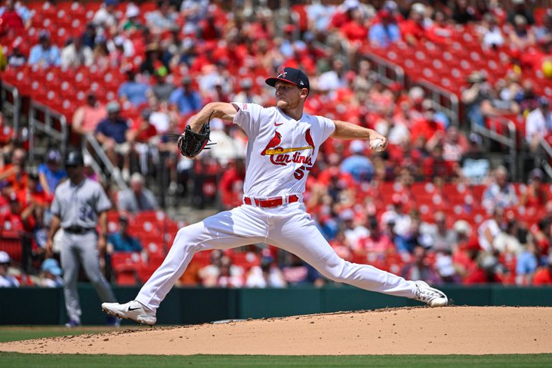 Aug 6, 2023; St. Louis, Missouri, USA;  St. Louis Cardinals starting pitcher Zack Thompson (57) pitches against the Colorado Rockies during the second inning at Busch Stadium. Mandatory Credit: Jeff Curry-USA TODAY Sports