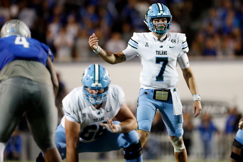 Oct 13, 2023; Memphis, Tennessee, USA; Tulane Green Wave quarterback Michael Pratt (7) signals prior to the snap during the first half against the Memphis Tigers at Simmons Bank Liberty Stadium. Mandatory Credit: Petre Thomas-USA TODAY Sports