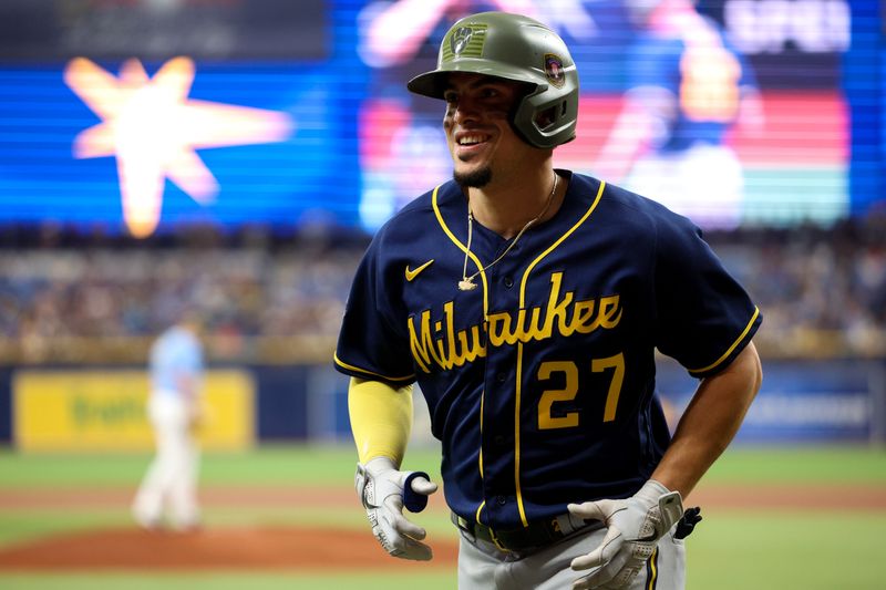 May 21, 2023; St. Petersburg, Florida, USA;  Milwaukee Brewers shortstop Willy Adames (27) celebrates after hitting a home run against the Tampa Bay Rays in the second inning at Tropicana Field. Mandatory Credit: Nathan Ray Seebeck-USA TODAY Sports