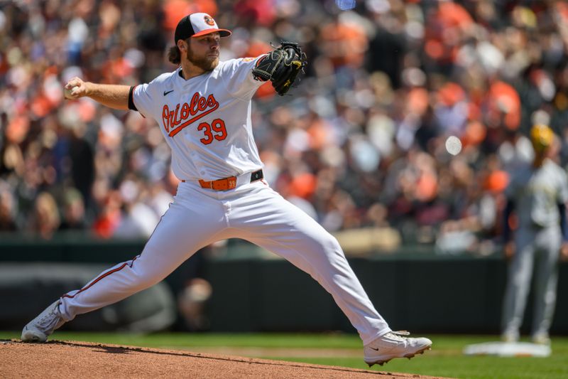 Apr 14, 2024; Baltimore, Maryland, USA; Baltimore Orioles pitcher Corbin Burnes (39) throws a pitch during the first inning against the Milwaukee Brewers at Oriole Park at Camden Yards. Mandatory Credit: Reggie Hildred-USA TODAY Sports
