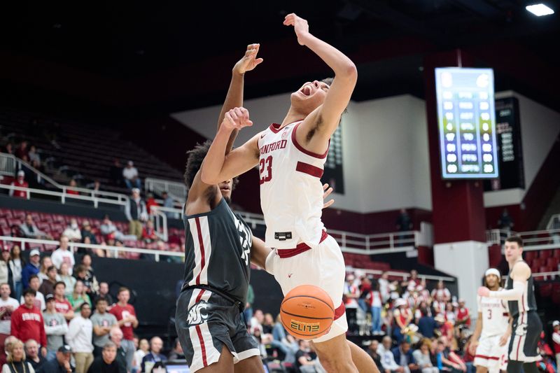 Jan 18, 2024; Stanford, California, USA; Stanford Cardinal forward Brandon Angel (23) reacts after a foul by Washington State Cougars forward Isaac Jones (13) during the second half at Maples Pavilion. Mandatory Credit: Robert Edwards-USA TODAY Sports