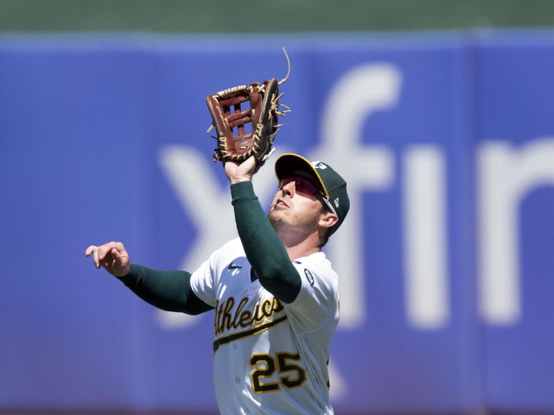 Aug 20, 2023; Oakland, California, USA; Oakland Athletics right fielder Brent Rooker (25) makes the catch of a shallow popup by Baltimore Orioles second baseman Jordan Westburg during the fifth inning at Oakland-Alameda County Coliseum. Mandatory Credit: D. Ross Cameron-USA TODAY Sports